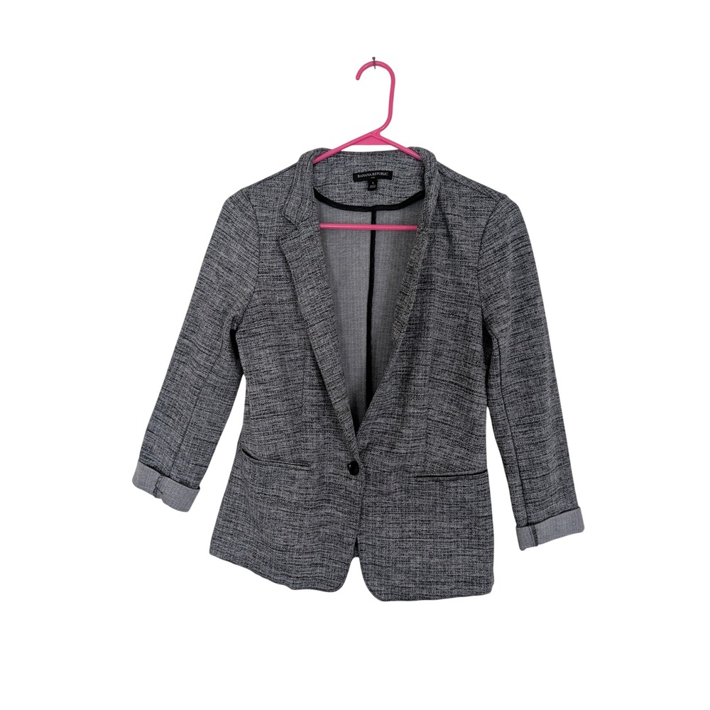 Banana Republic Womens Gray Knit Single Button Blazer‎ Jacket Size S Black White